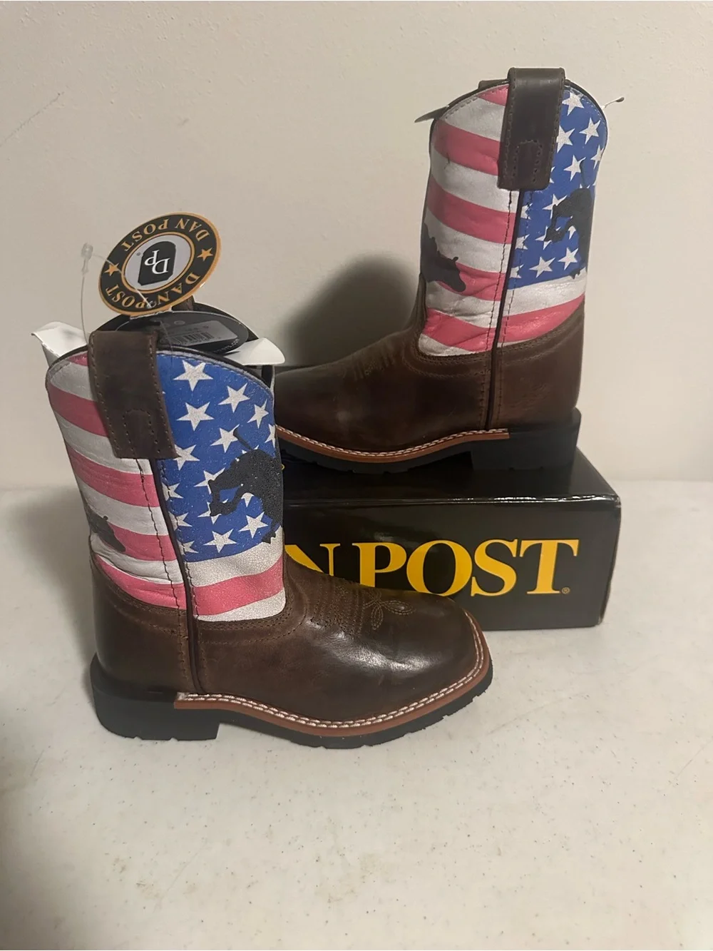 Dan Post Kids 10.5D Brown Leather American Flag Western Cowboy Boots New